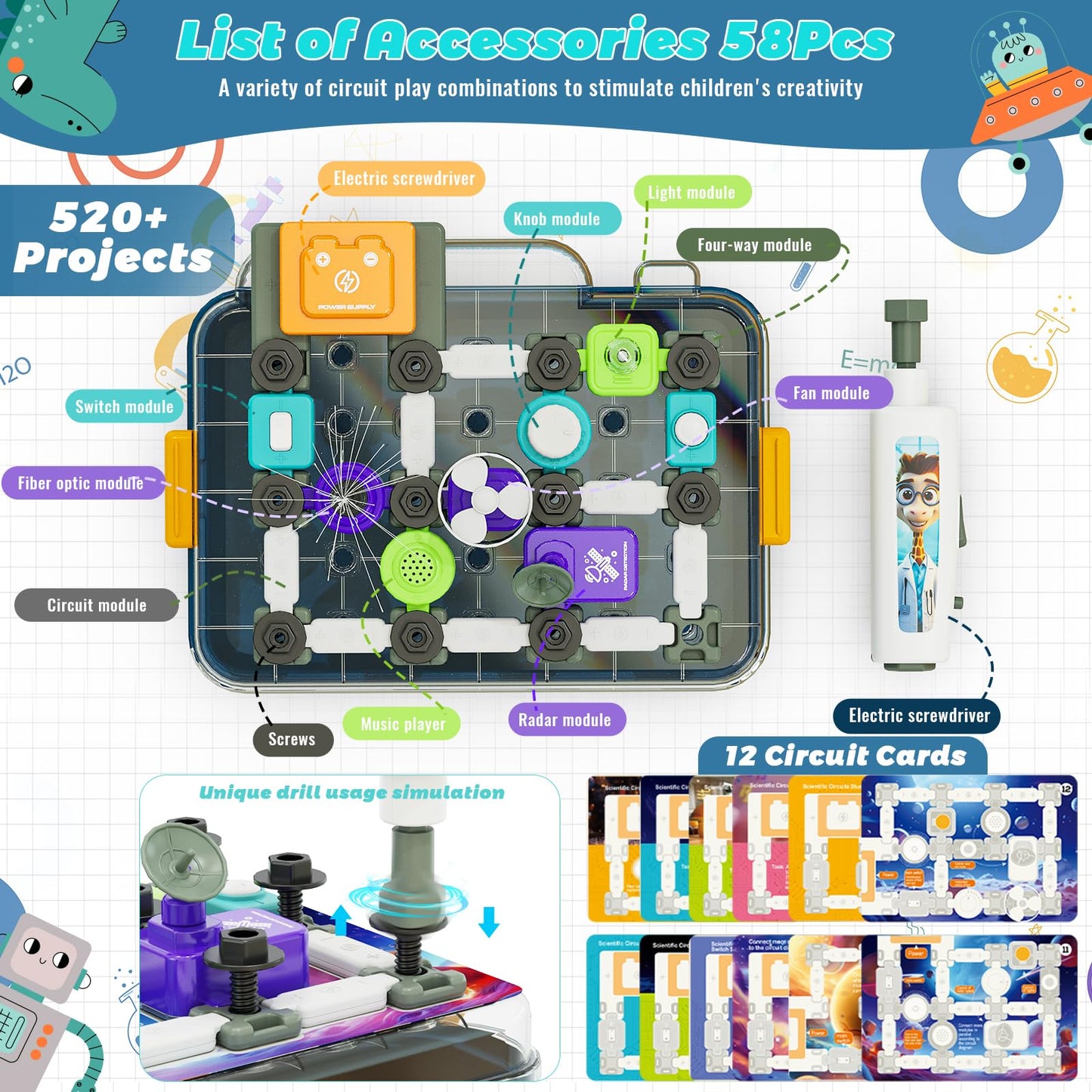 Science Kits for Kids Age 5-7 8-12  STEM Educational Learning Toys with 58 Circuit Parts  Over 520 Projects  Travel Sensory Table Fidget Toy for Boys Girls Birthday Gifts Ages 3 4 5 6 7 8 9 10 11 12