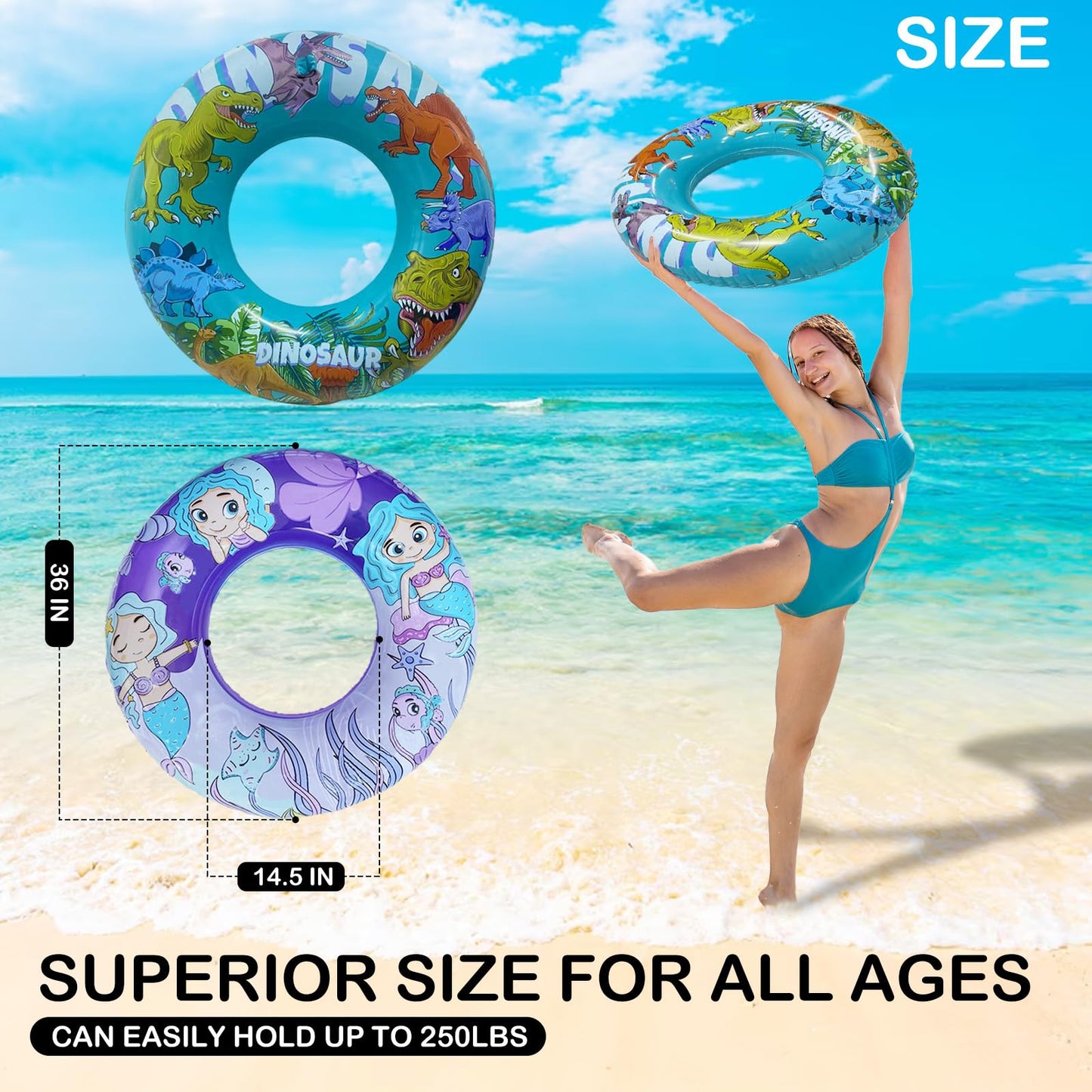 2 Pack Inner Tubes for Floating  Pool Floats mature-themed  Big Floaties for Kids and Teens  Pool Tubes Heavy Duty  Dinosaur and Mermaid Round Pool Floats  Beach Swim Ring and Summer Pool Party Toys