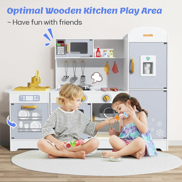 Play Kitchen For Kids, Wooden Play Kitchen With Toy Storage System, 21Pcs Accessories Included, Oven Faucet, Microwave, Ice Make
