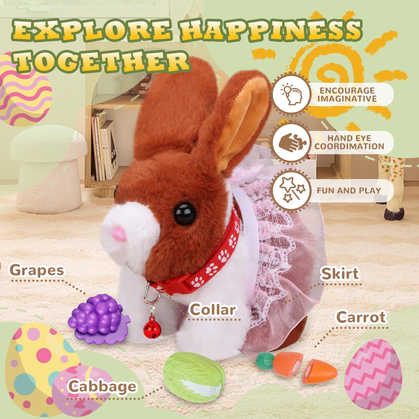 Nolakmi Easter Bunny Stuffed Animal, Ideal Easter Gifts For Kids 3-5, Hopping Bunny Toys For Kids With Sounds, Wiggling Ears, No
