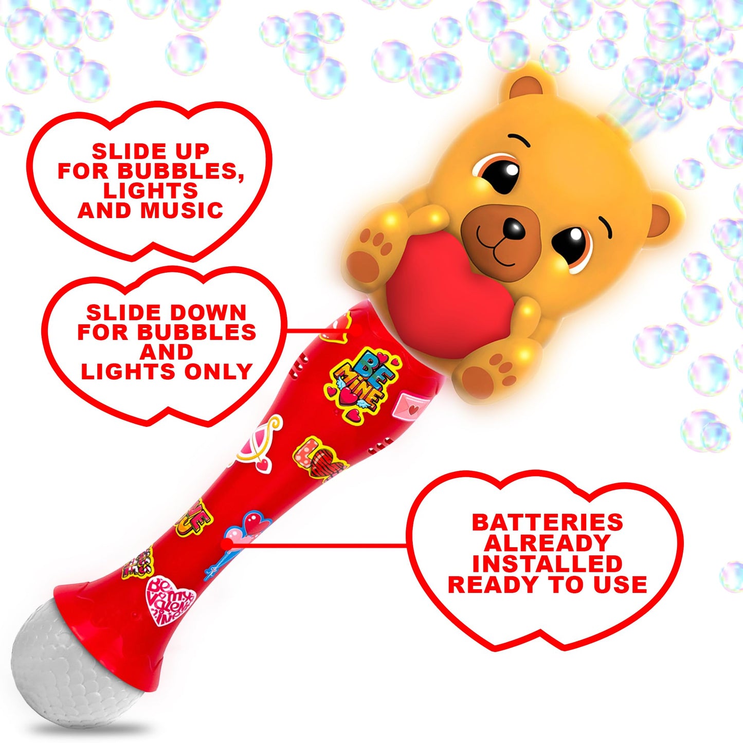 Artcreativity Light Up Valentine'S Day Bubble Wand For Toddlers, Heart Bubble Toy With Lights, Music, & Batteries, Valentines Day Gifts For Kids, Valentines Day Party Favors For Ages 3 4 5 6
