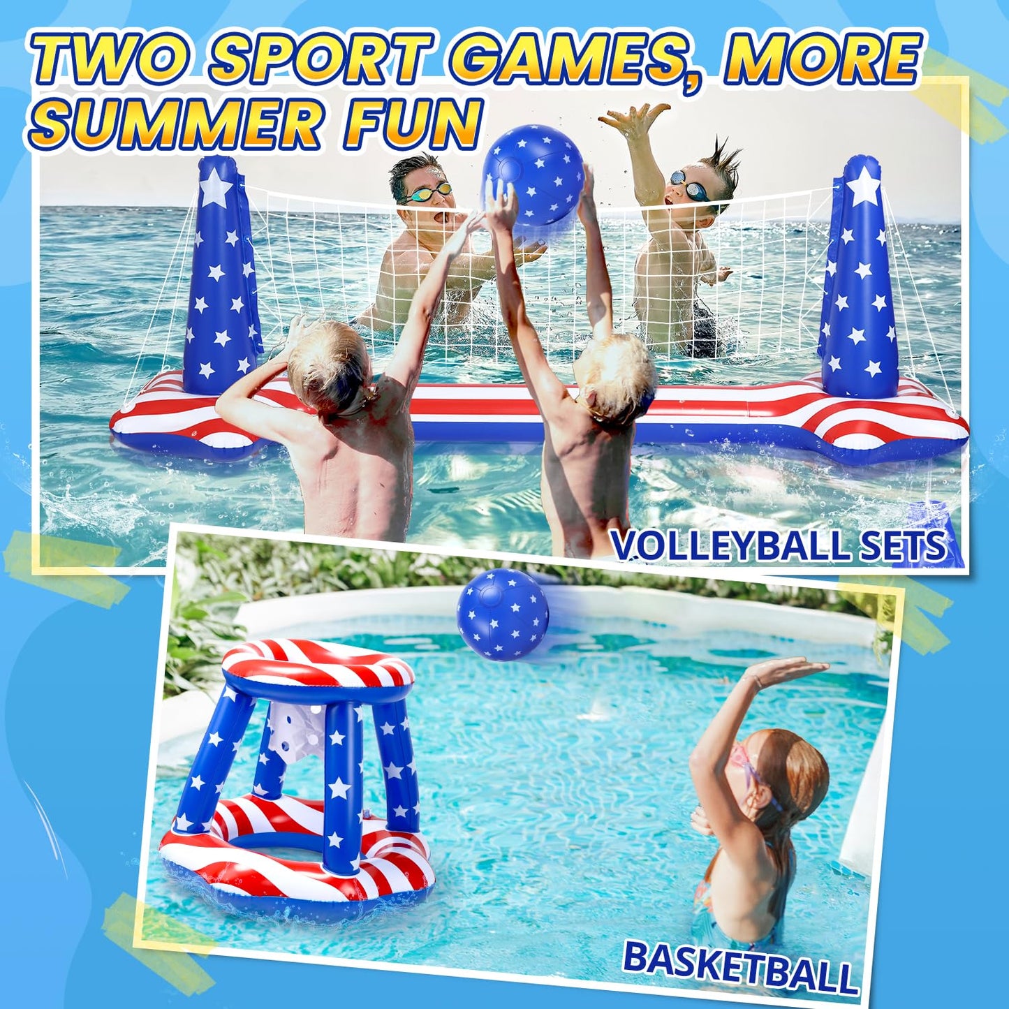 Holyfun Swimming Pool Volleyball Net Set Basketball Hoop, Summer Pool Floats Inflatable Water Games For Kids, Teens, Adults And