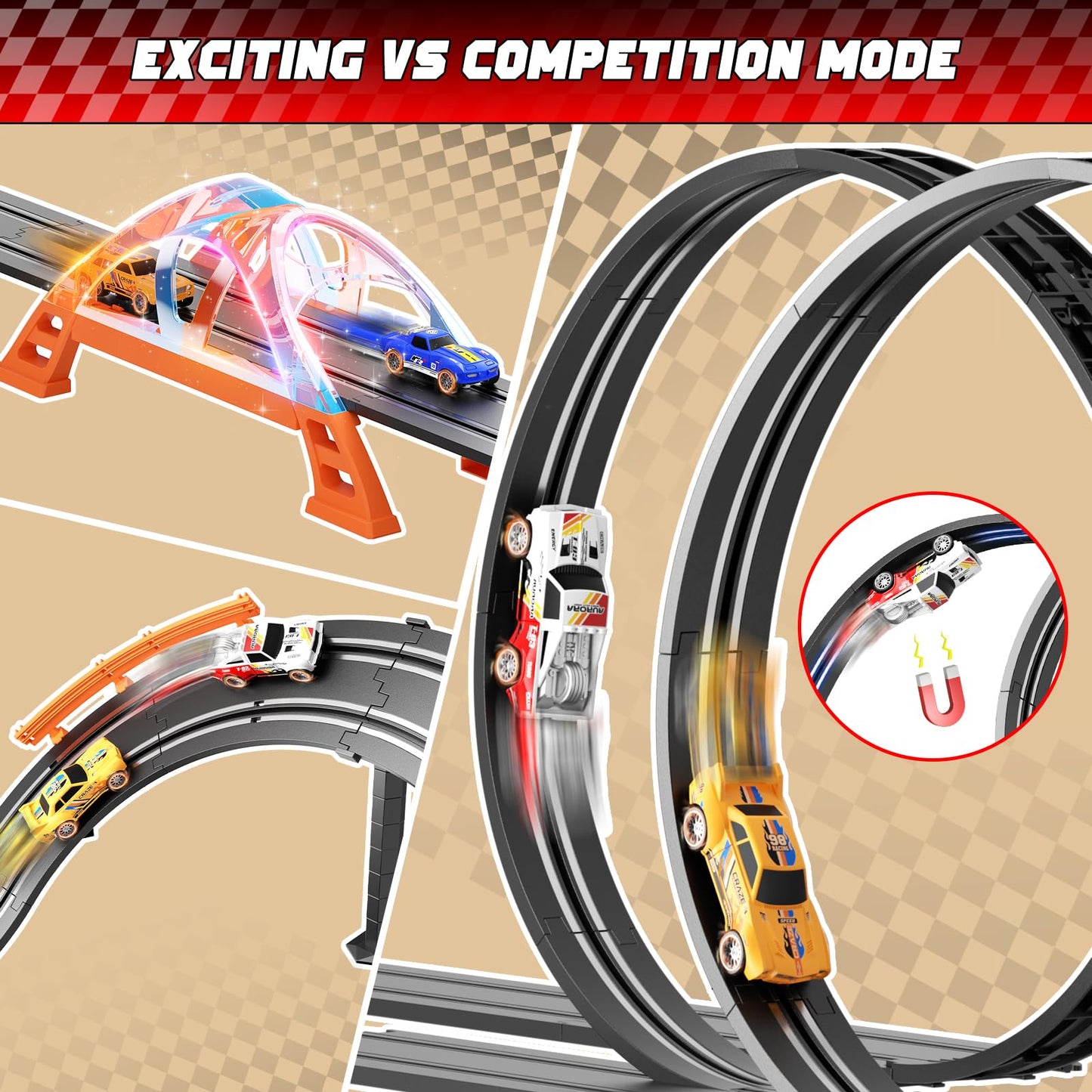 SUFICY Slot Car Race Track Set - 29ft Electric Track with 4 Cars, LED Overpass, Black Yellow, Model A66-9A, Gift for Kids Ages 6–12