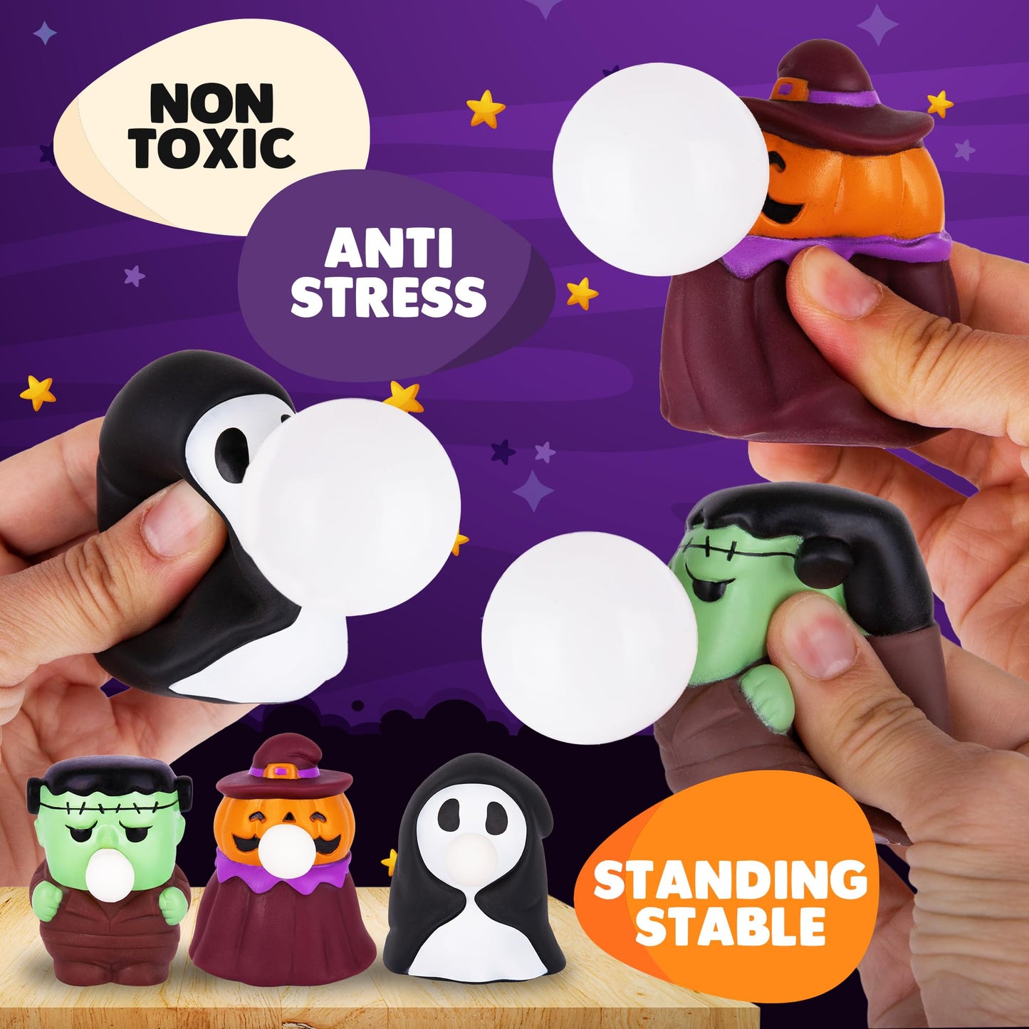 Artcreativity Halloween Spit Bubble Squeeze Toys - Set Of 12 Halloween Squeeze Toys - Squishy Halloween Stress Toys That Blow Bubbles When Squeezed - Non-Candy Halloween Goodie Bag Stuffers For Kids