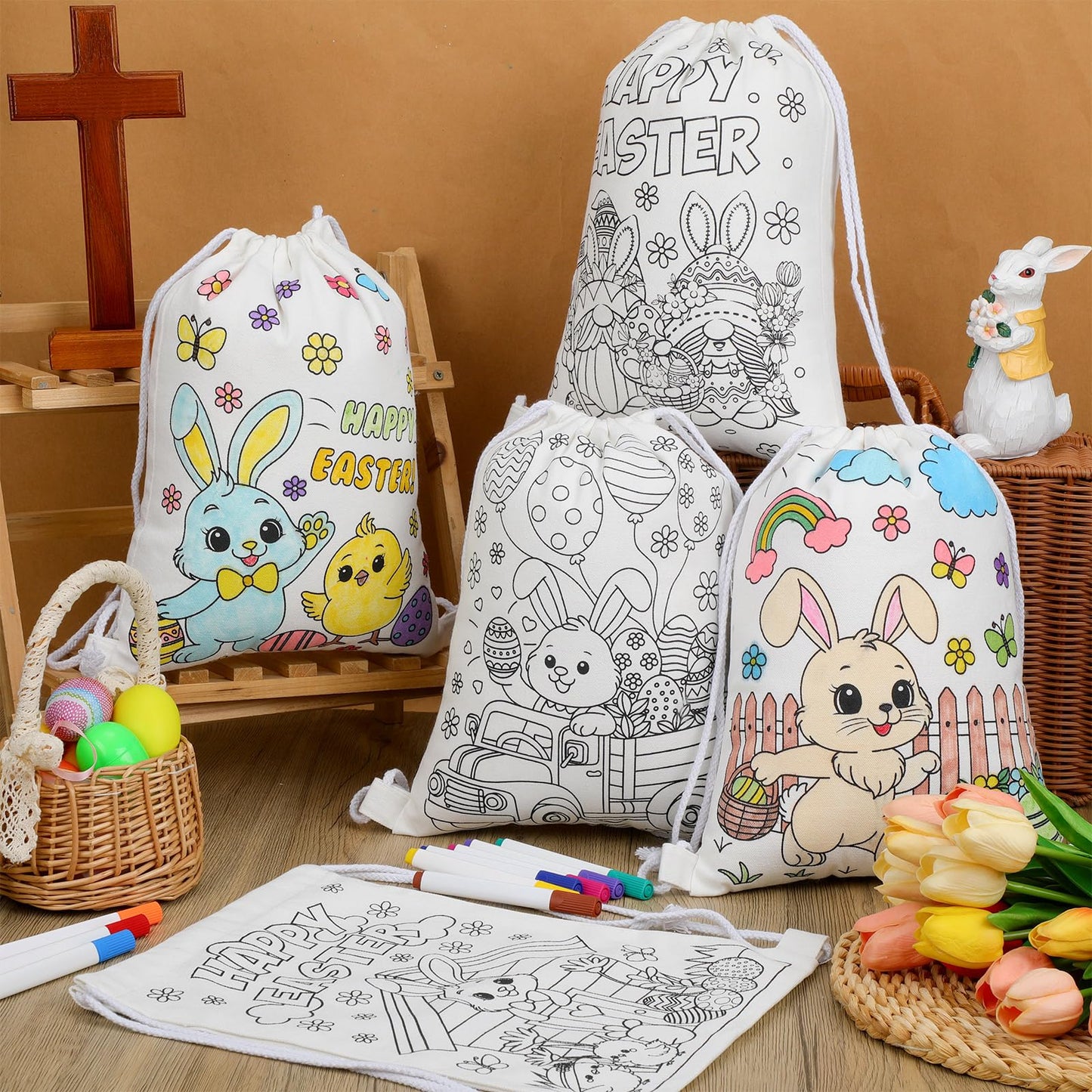 Dansydaisy 12 Pcs Color Your Own Easter Drawstring Bags Canvas Coloring Happy Easter Bag Bunny Rabbit Egg Chick Crafts Bulk Gift