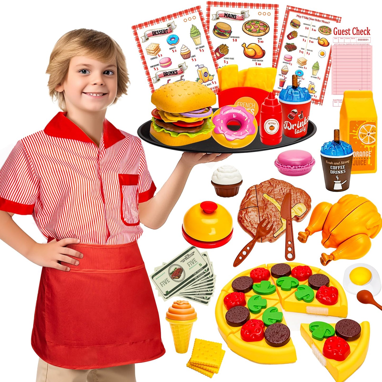 Restaurant Server Play Toys Set for Boys Girls Age 3-8, Role Play Set with Unisex Server Dress-Up Costume, Play Food, Play Money