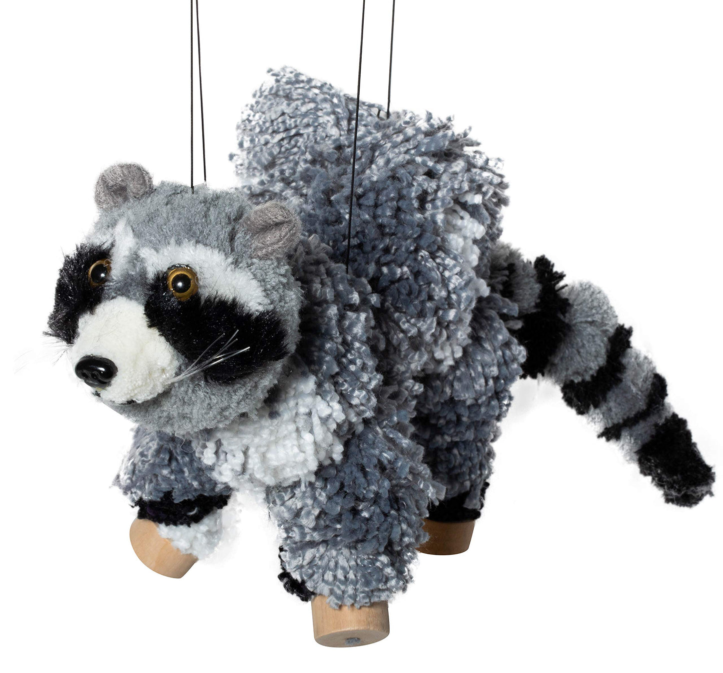 Artisan Owl Raccoon Marionette Puppet - Soft Yarn Body with Wooden Feet, Detachable Strings