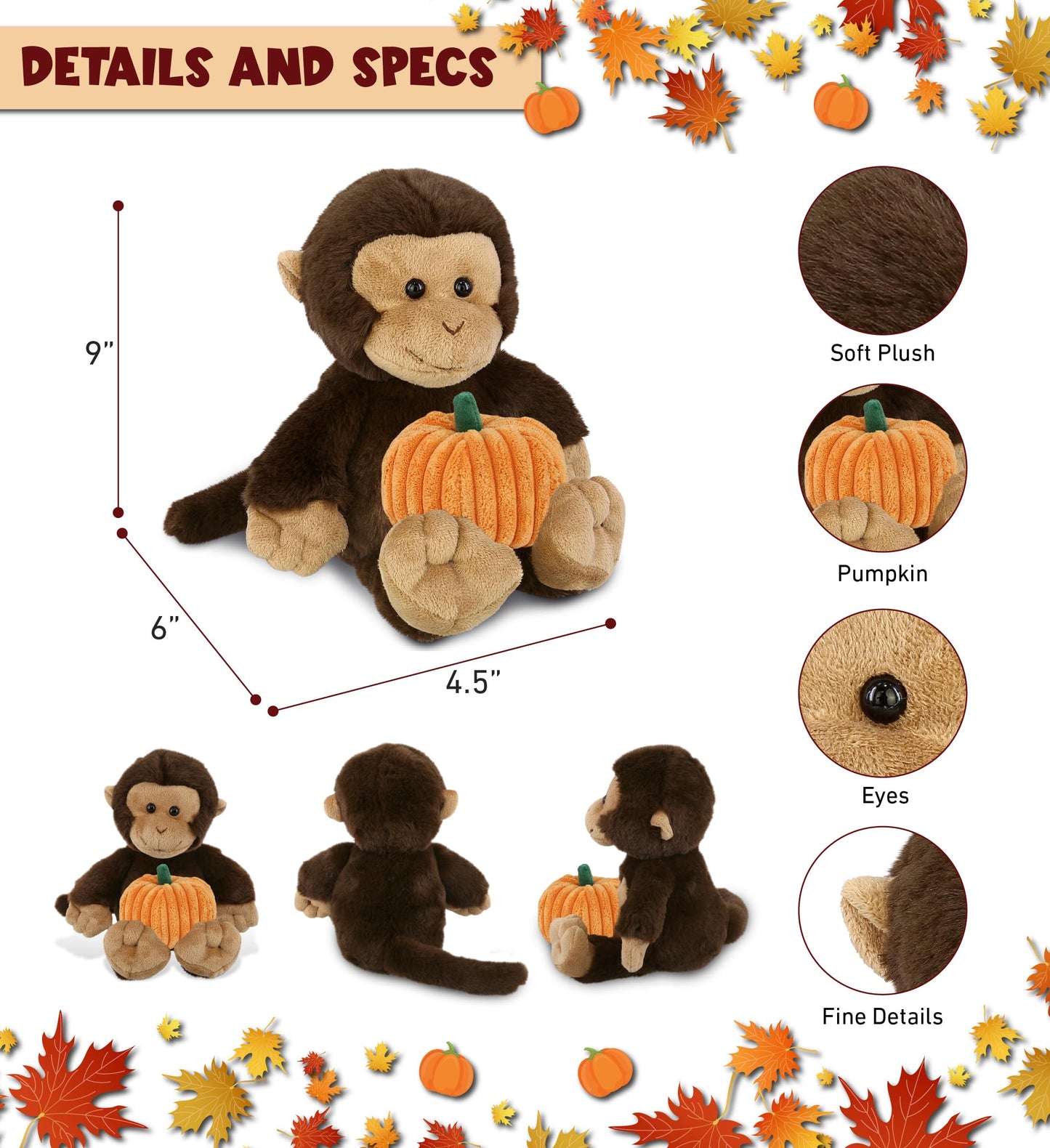 DolliBu Super Soft Brown Monkey Stuffed Animal with Cute Pumpkin Decor Cute Plush Monkey Animal for Fall  Halloween and Thanksgiving  Pumpkin Toy for Baby  Kids  mature-themeds 9 Inches