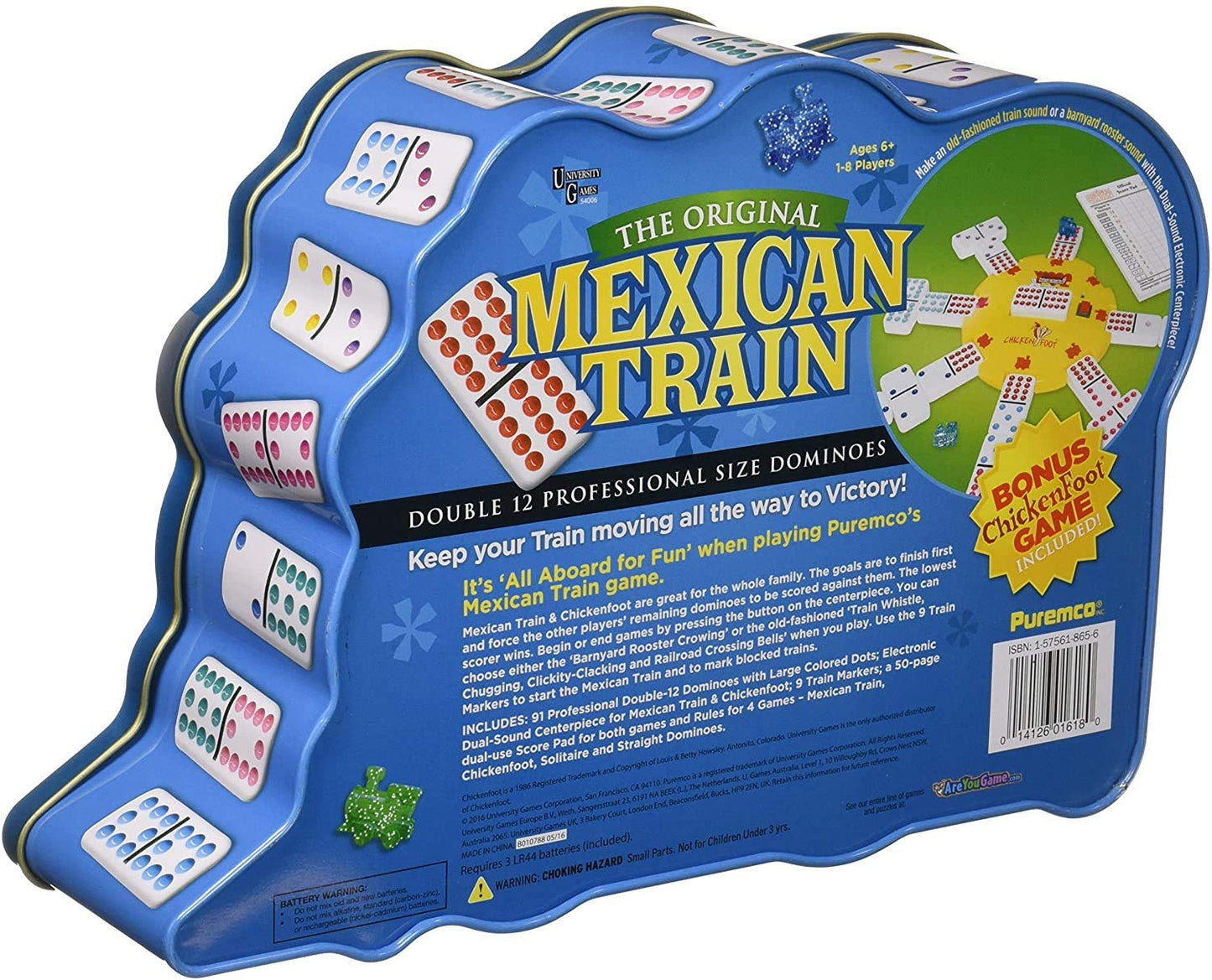 Puremco Mexican Train Double 12 Dominoes Set with Bonus Chickenfoot Game, 91 Tiles, Tin Travel Tin, Fun for Ages 6 & Up