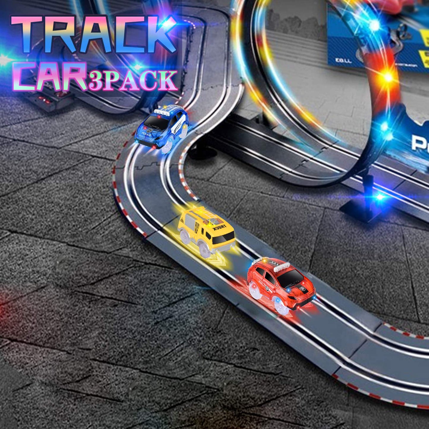 INLAIER Light Up Toy Cars - 5 LED Flashing Racing Car Track Accessories - Yellow - Compatible with Magic Tracks (3 Pack)