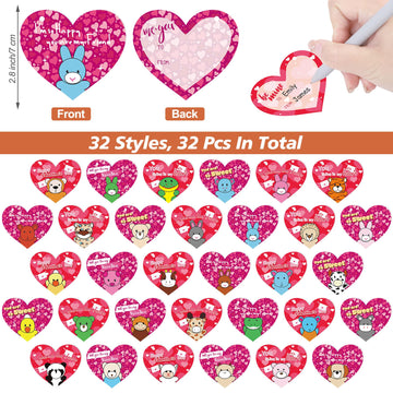Fovths 32 Packs Valentine'S Day Mini Stuffed Animal With Heart Cards Jungle Animals Plush Toy Keychain For Valentines Day Gifts