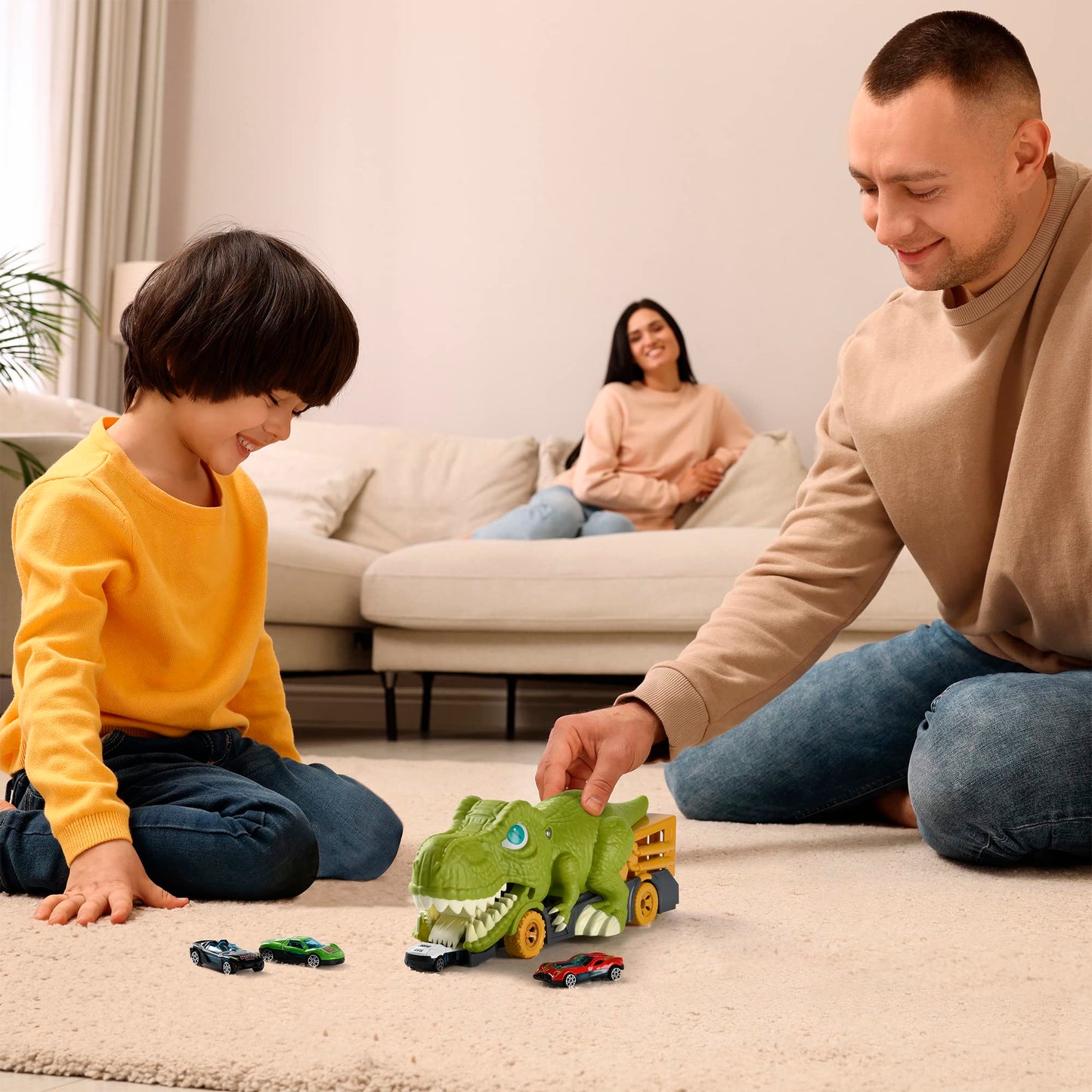 Awulo Dinosaur Car Swallowing Toy - Dinosaur Truck & 6 Mini Alloy Cars 6 Small Dino Eggs, Dinosaurs for Toddlers 1-3 Boys