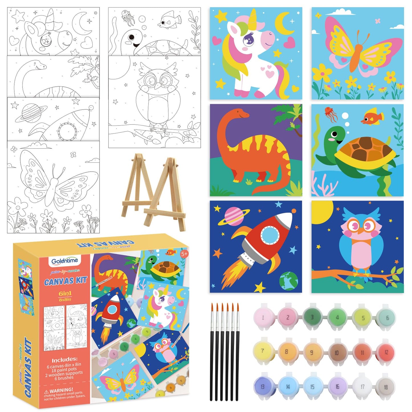 goldentime 6 Pack 8x8inch Paint by Numbers Kit for Kids, Predrawn Canvas for Painting with Unicorn, Butterfly & More, Includes 1