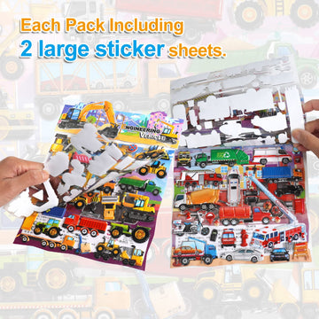 Shangrla Large Puffy Stickers Playset:Construction And Vehicle For Toddlers Boys Kids Travel Airplane Activities Reusable 3D Sticker With Trucks Tractor Police Car Fire Truck Ambulance,Puff Stickers.