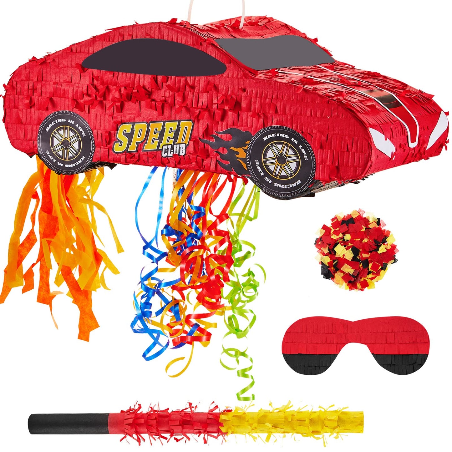 4 Pcs 15.7 Inch Race Car Piñata With Pull Strings, 3D Car Piñata With Blindfold Bat Confetti Double Sided, Race Cars Photo Booth Props For Boy Race Car Theme Birthday Baby Shower Party Supplies