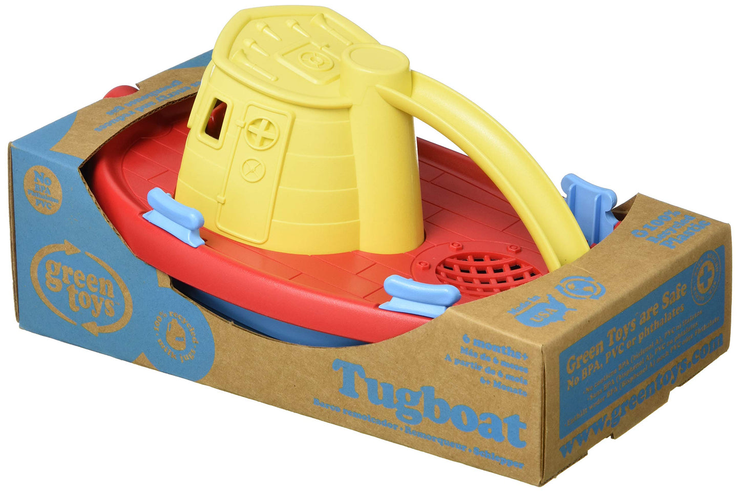 Green Toys Tugboat, Yellow/Red/Blue Cb - Pretend Play, Motor Skills, Kids Bath Toy Floating Pouring Vehicle. No Bpa, Phthalates, Pvc. Dishwasher Safe, Recycled Plastic, Made In Usa.