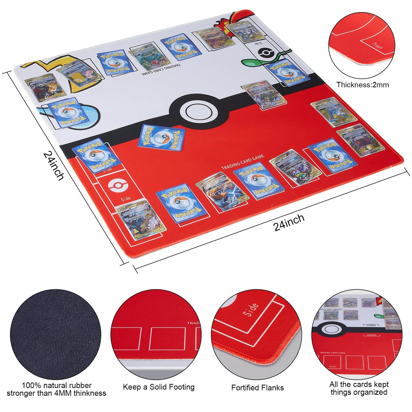 Biouai Playmat For Trading Card Game - 2 Player Trainer Mat For Game With Carry Case Tube(Red)