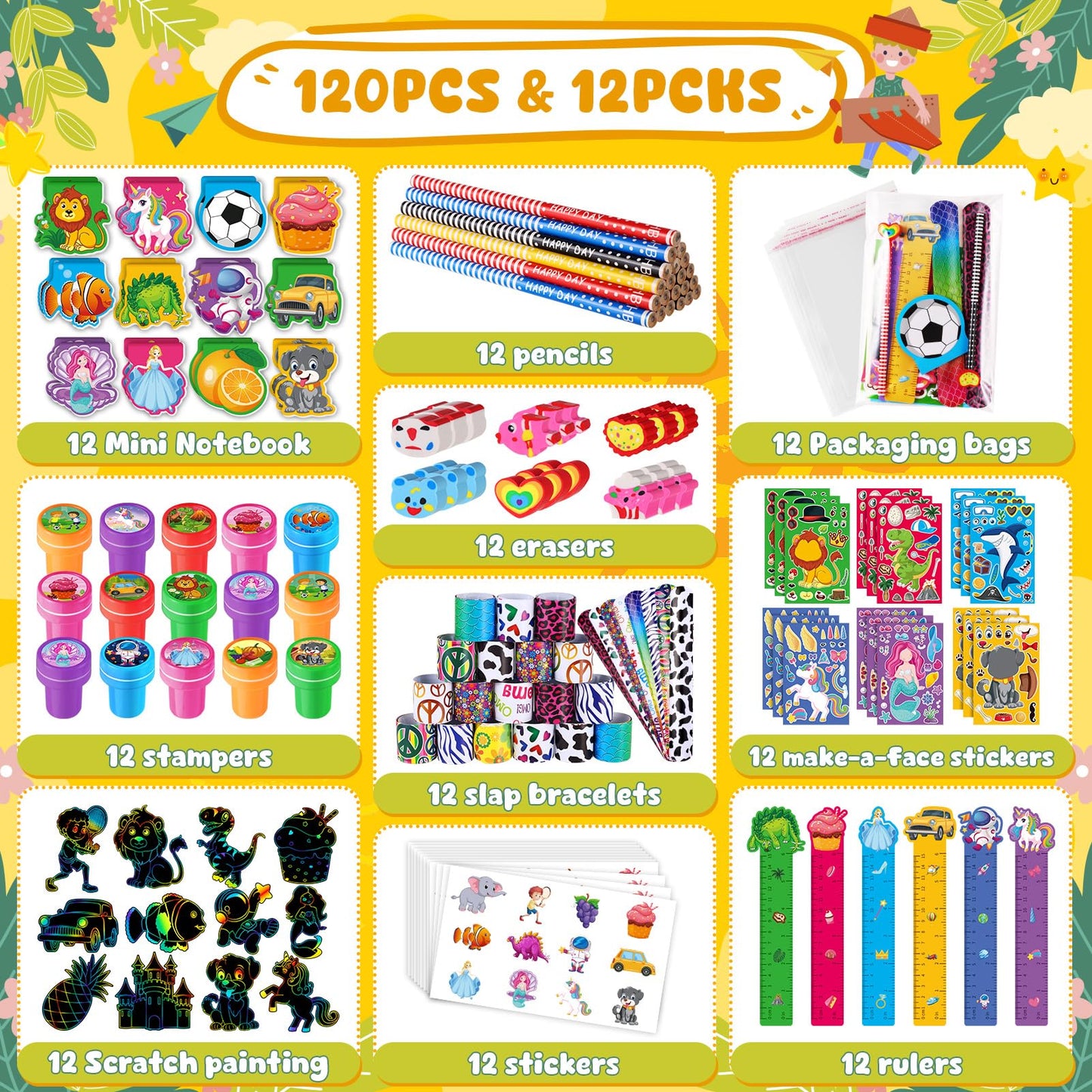 BenLouis 120Pcs Kids Party Favors Sets Stampers Pencils Stickers School Stationery Bulk for Kids 4-8-12 Classroom Birthday Cand