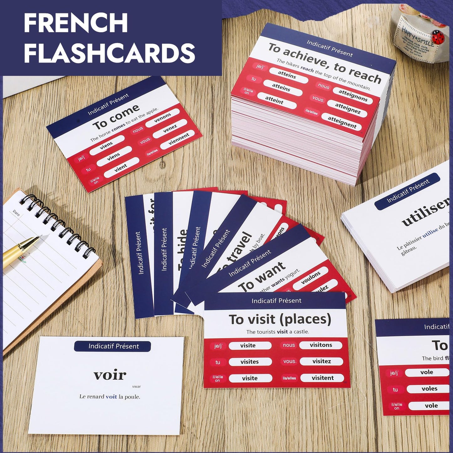 Resurhang 200 Pcs French Flashcards French Verb Conjugation Present Tense Flash Cards English French Flash Cards for mature-themeds Kids Study