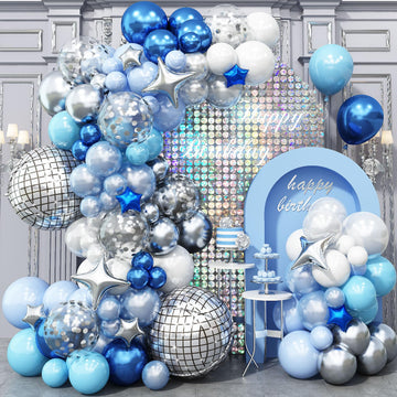 Blue Balloon Arch Kit, Blue And White Balloon Garland With 22 Inch Disco Ball Balloons Metallic Silver Star Foil Balloons, Silve