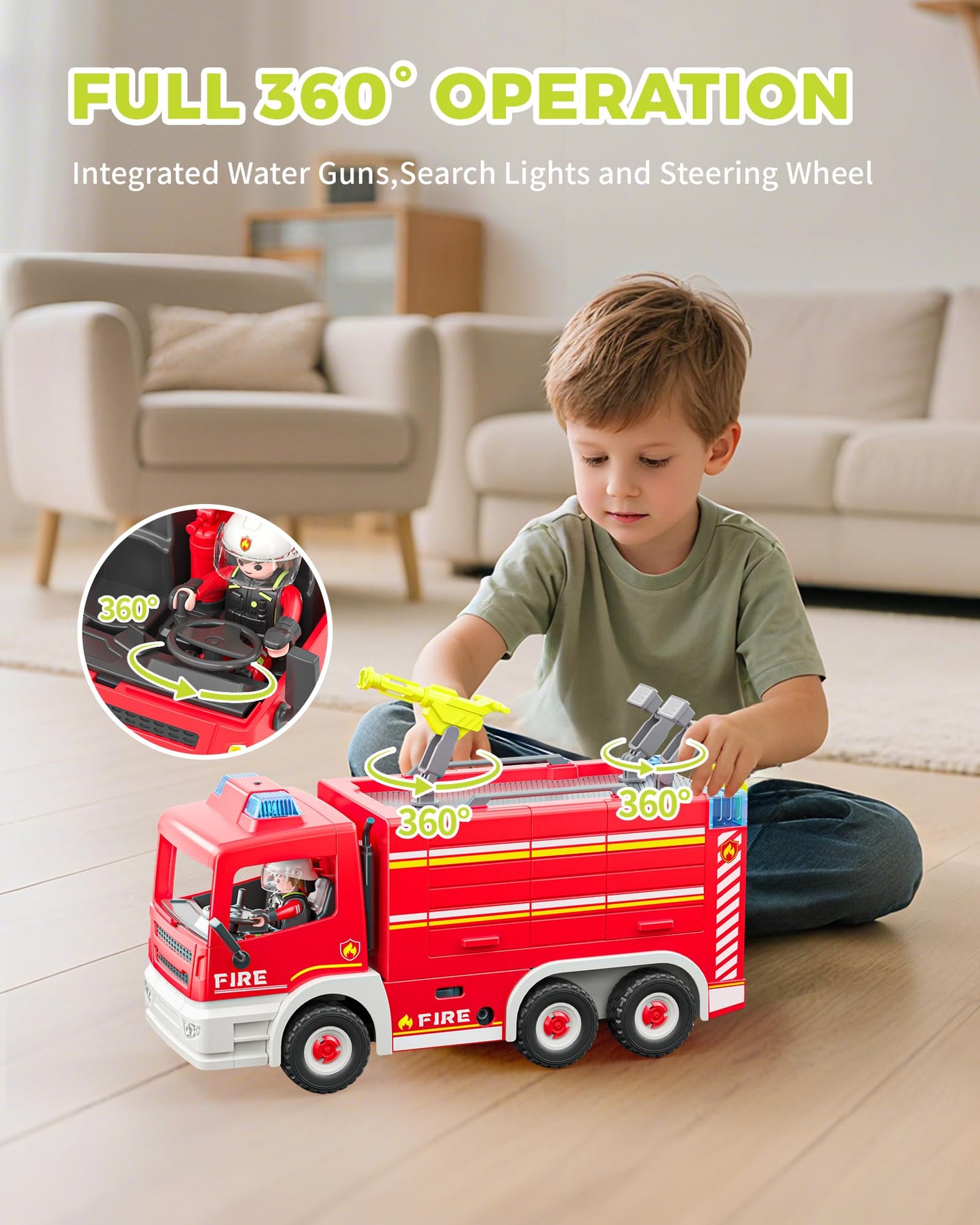 Coroiesty Large Fire Truck Toy - 14.57"x8.27"x5.51", Plastic, Lights & Siren Sounds, DIY Rescue Vehicle for Kids 3-8 Years Old