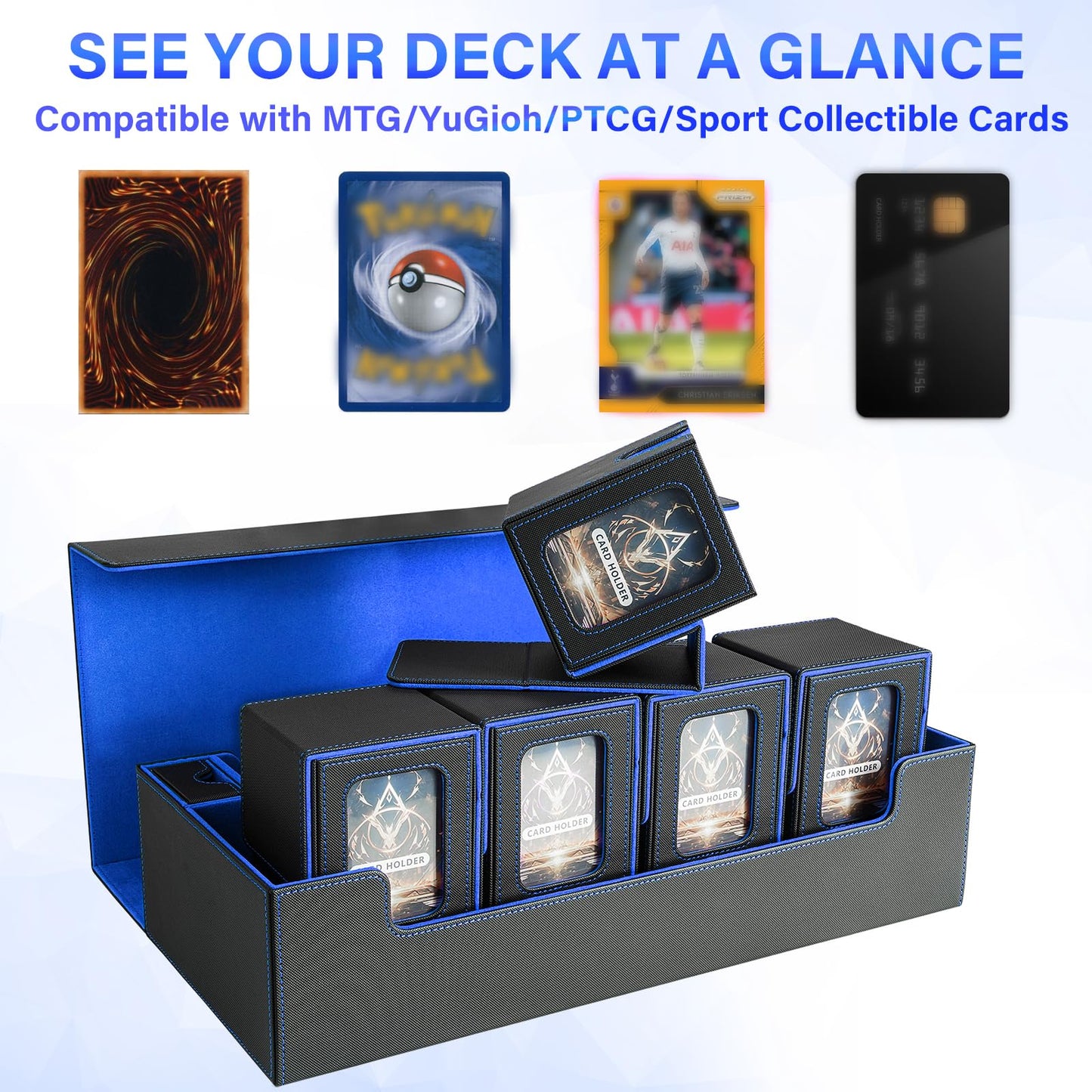 Jaffzora Card Deck Box for MTG Commander  Large 6 in 1 Card Storage Display Case with 5PCS TCG Deck Boxes & Dice Tray  Holds 2400+ Unsleeved Trading Cards (Black&Blue Set)