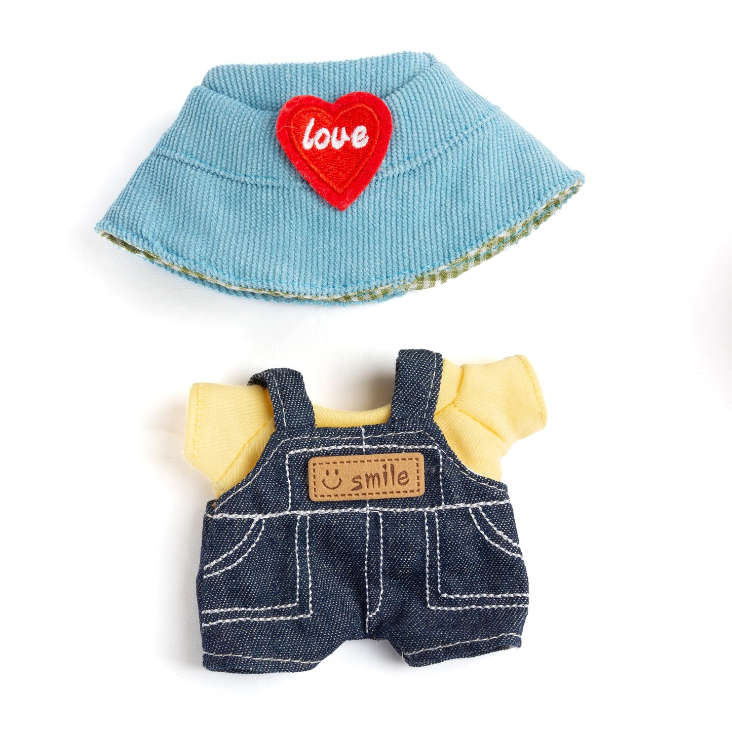 17cm Doll Clothes - Kawaii Chic Style Set for 17cm Dolls  Cute Doll Outfit with Accessories - Denim Romper + Yellow T-Shirt + Heart Shaped Blue Hat (NO Doll)