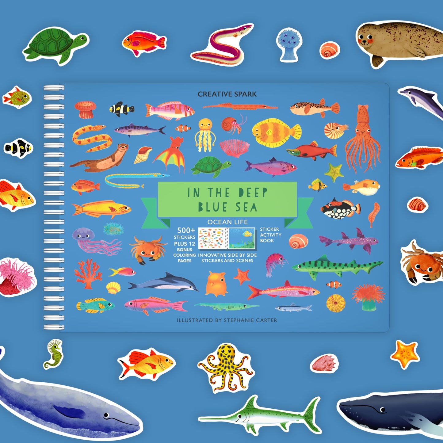 CUPKIN Ocean Sticker Book for Kids - 500+ Shark Stickers, 12 Scenes, Coloring Pages - Deep Sea Gift, Ages 2-8, Model SB-DEEPSEA