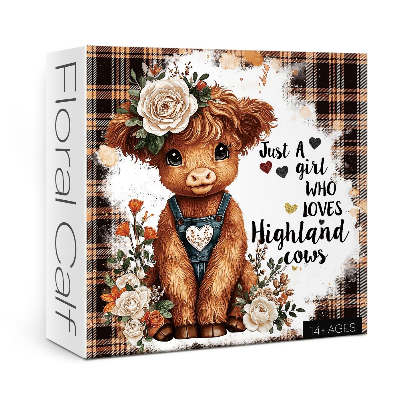 Funny Highland Cow Flower Puzzles for Adults 1000 Pieces, Cute Alpine Cattle Floral Art Jigsaw Puzzles, Impossible Plaid Inspira