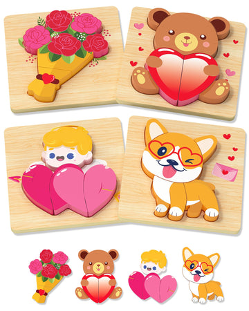 Yetonamr Valentines Wooden Puzzles Gifts For Kids, 4 Pack Toddler Valentines Day Toys For Boys Girls, Valentines Gifts For Kids Classroom, Montessori Toys Valentines Day Party Favors