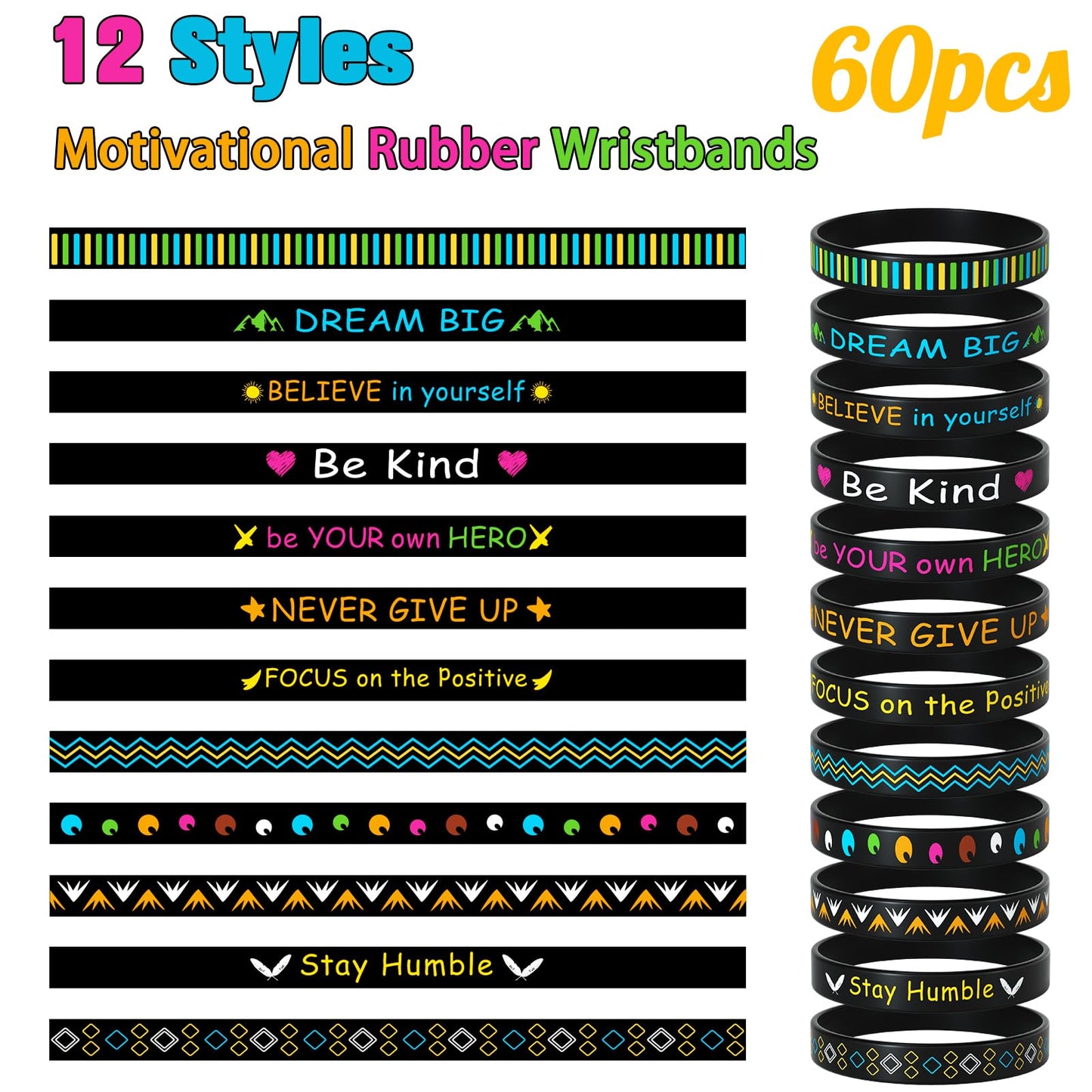 Morcheiong 60 Pieces Motivational Rubber Wristbands Black Inspirational Quote Silicone Bands Unisex Style- 12 Designs