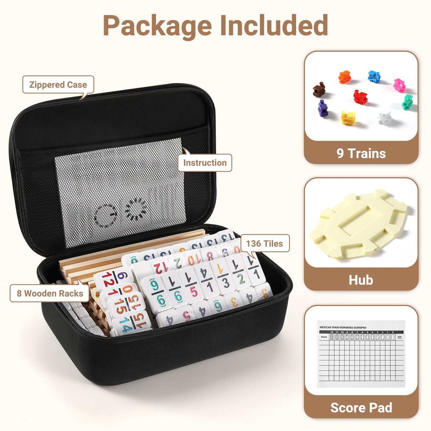 Mexican Train Dominoes Set with Numbers and 8 Wooden Trays/Racks, Double 15 Dominos Travel Set with 8 Tiles Holders, 136 Tiles D