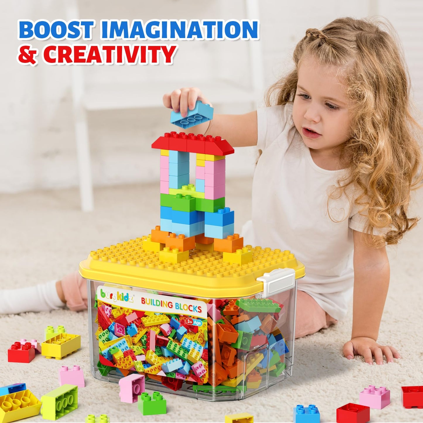 Burgkidz Classic Big Building Blocks With Storage Box, Large Toddler Blocks, Compatible With Most Major Brands, Stem Toy Gift Big Brick, Building Bricks For Toddlers 3-5, Kids Blocks For All Ages