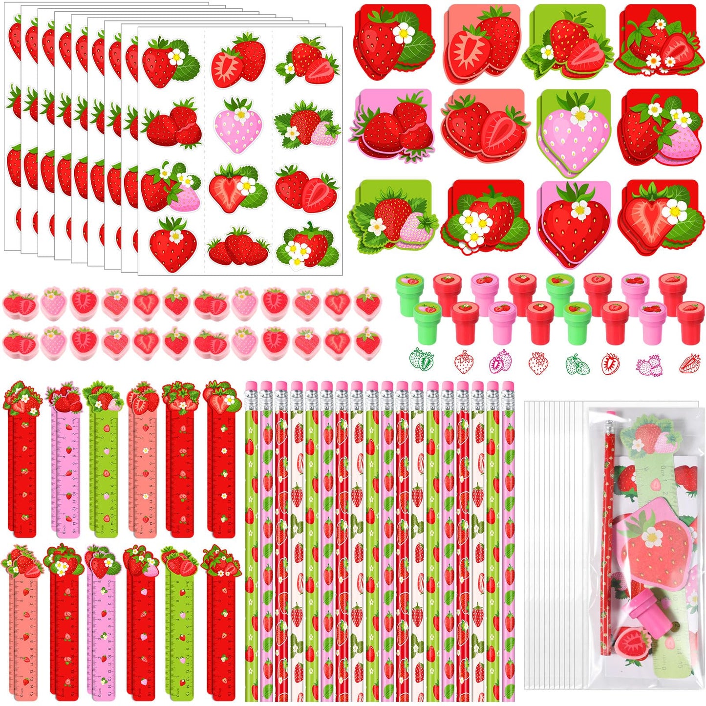 Cholemy 168 Pcs Strawberry Party Favors Supplies Stationery Set Notebook Sticker Stamper Eraser Ruler Pencil Bag for Strawberry 