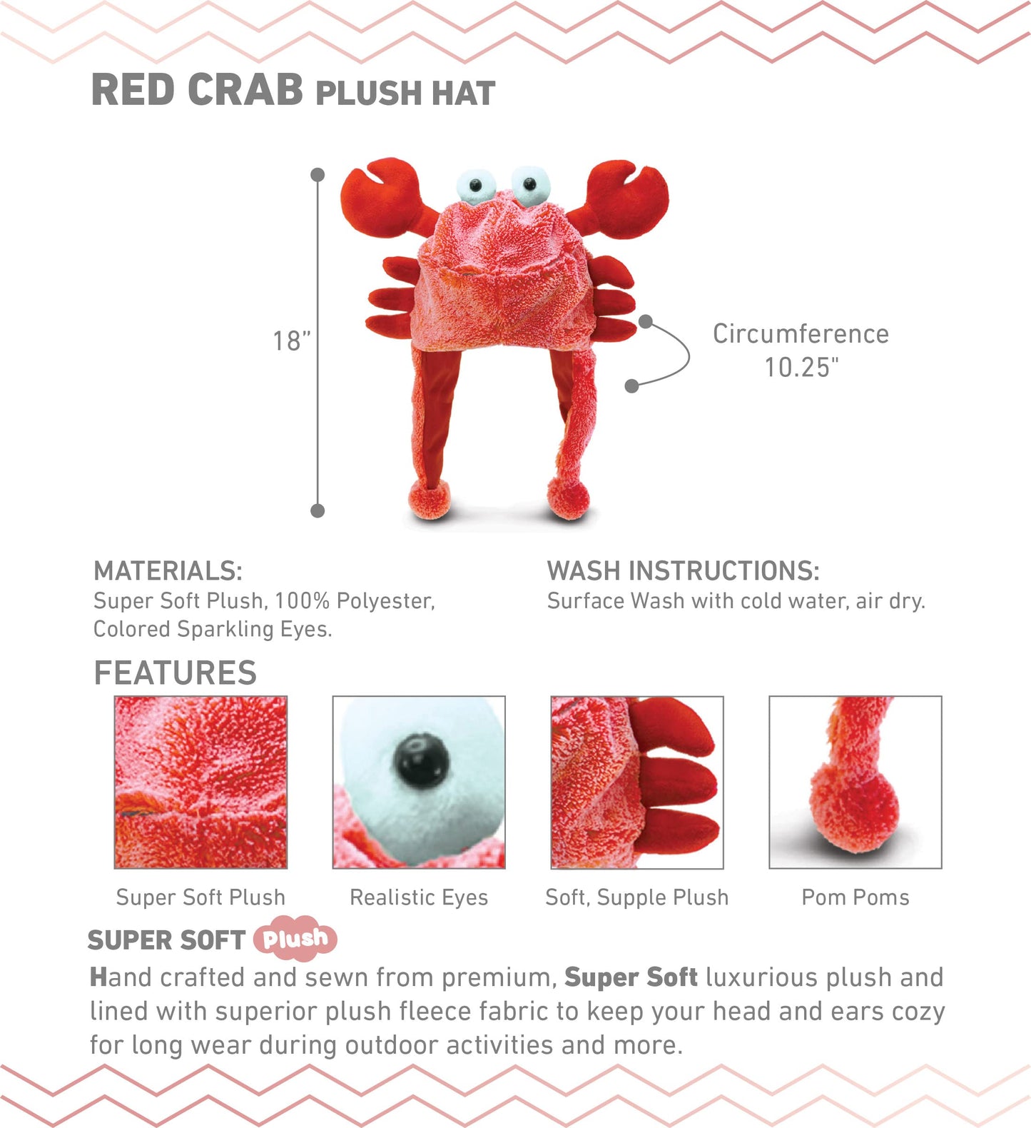 Puzzled DolliBu Red Crab Plush Hat - Super Soft Warm Hat With Ear Flaps, Funny Plush Party Crazy Hat, Stuffed Animal Crab Hallow
