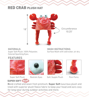 Puzzled DolliBu Red Crab Plush Hat - Super Soft Warm Hat With Ear Flaps, Funny Plush Party Crazy Hat, Stuffed Animal Crab Hallow