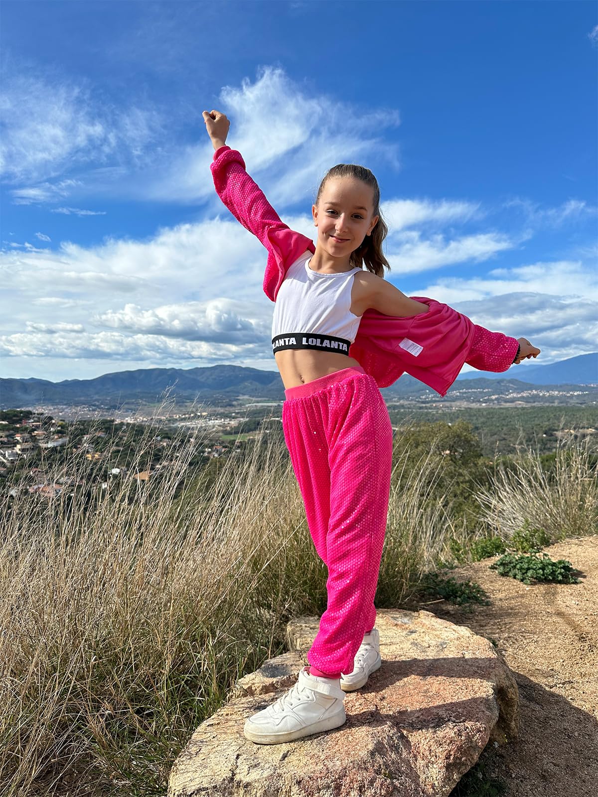 Lolanta Big Girls Dance Outfits Halloween Costumes Sequin Crop Jacket Metallic Dance Pants For Birthday (Rose, 13-14 Years)