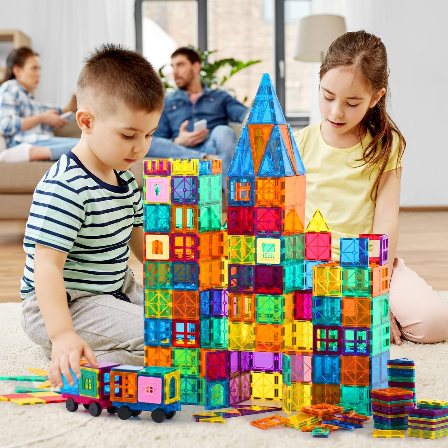 Anbalulu Magnetic Tiles, 100Pcs Magnetic Blocks For Kids, Magnet Building Set With 2 Cars, Construction Building Set,Stem Sensor