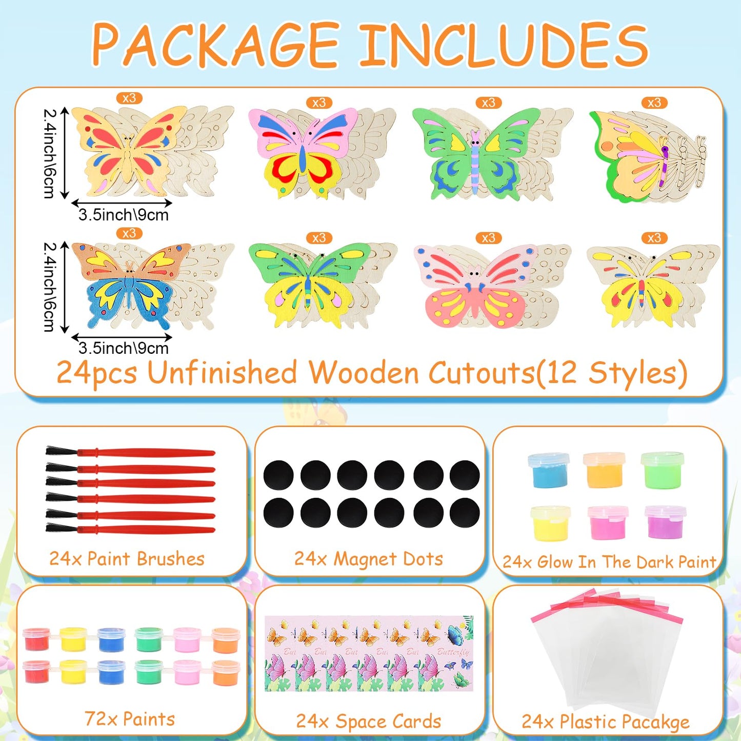 LARDUX Butterfly Party Favors, 24PCS DIY Wooden Arts & Crafts Painting Kit for Kid, Glow in The Dark Party Favors Family Crafts