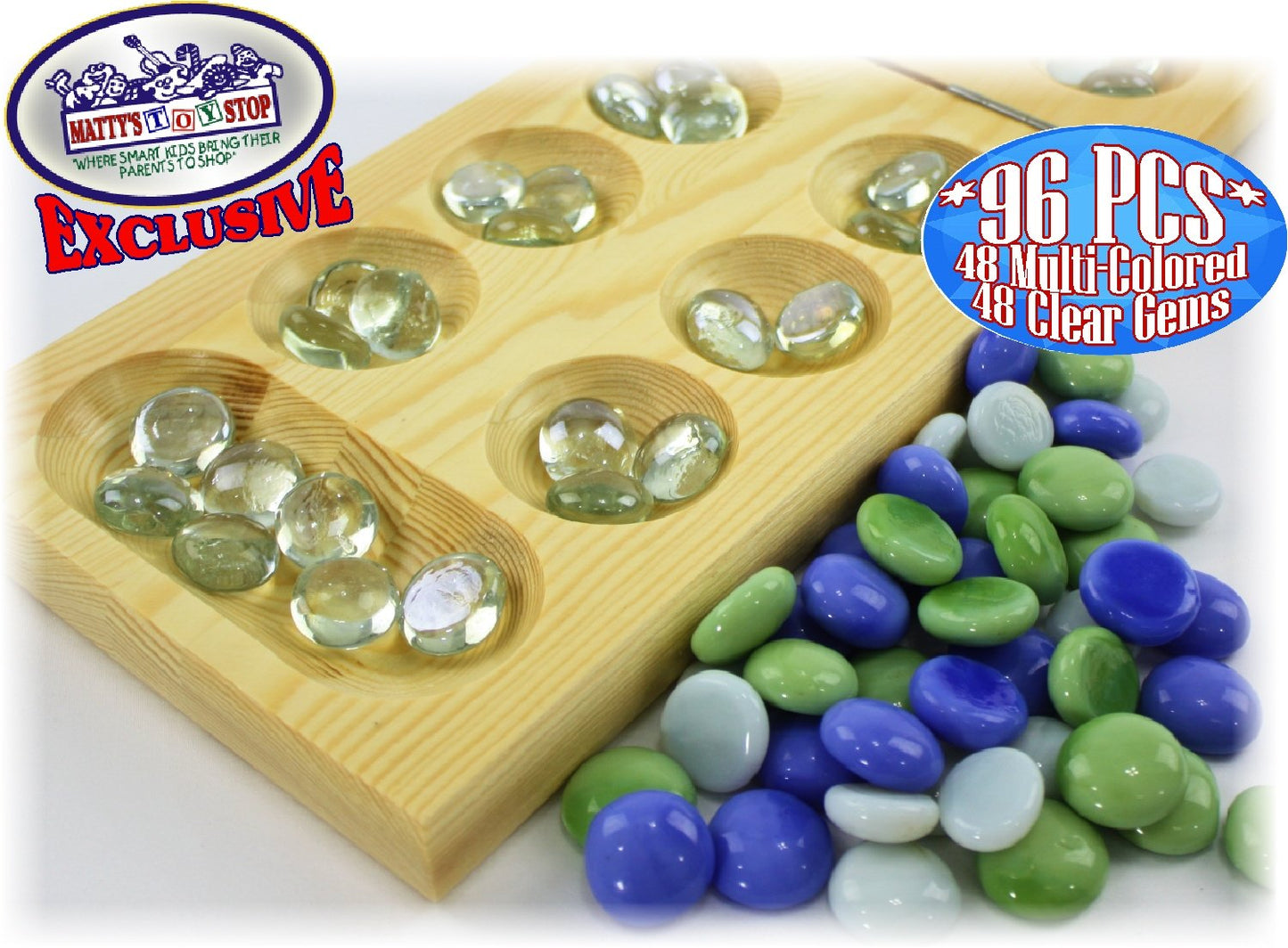 Matty'S Toy Stop Deluxe Solid Wood Folding Mancala Game With 48 Multi-Colored Gems And 48 Clear Gems (96 Gems Total)