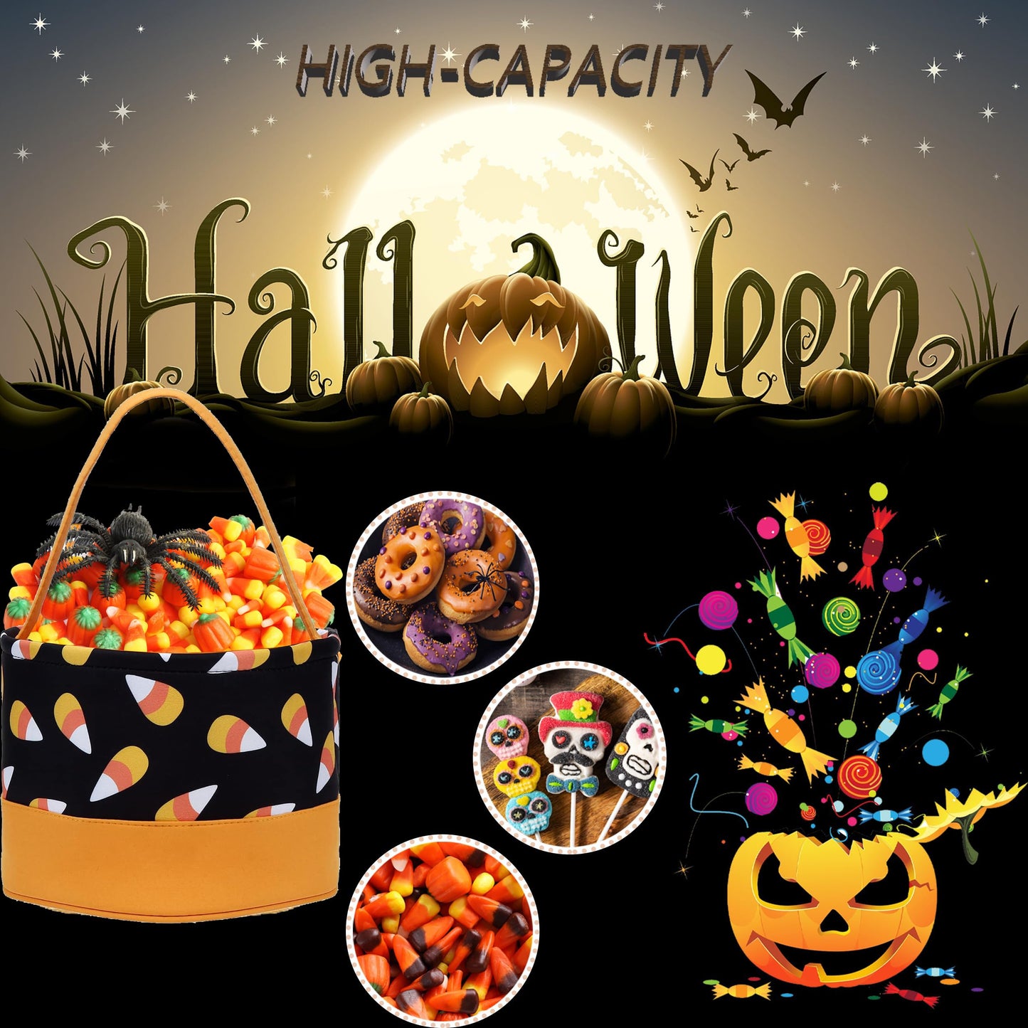 Xinblueco Halloween Trick Or Treat Bags Halloween Candy Buckets Fabric Orange Black Purple Basket Candy Corn White Polka Dot Stripe Halloween Party Favor Bags