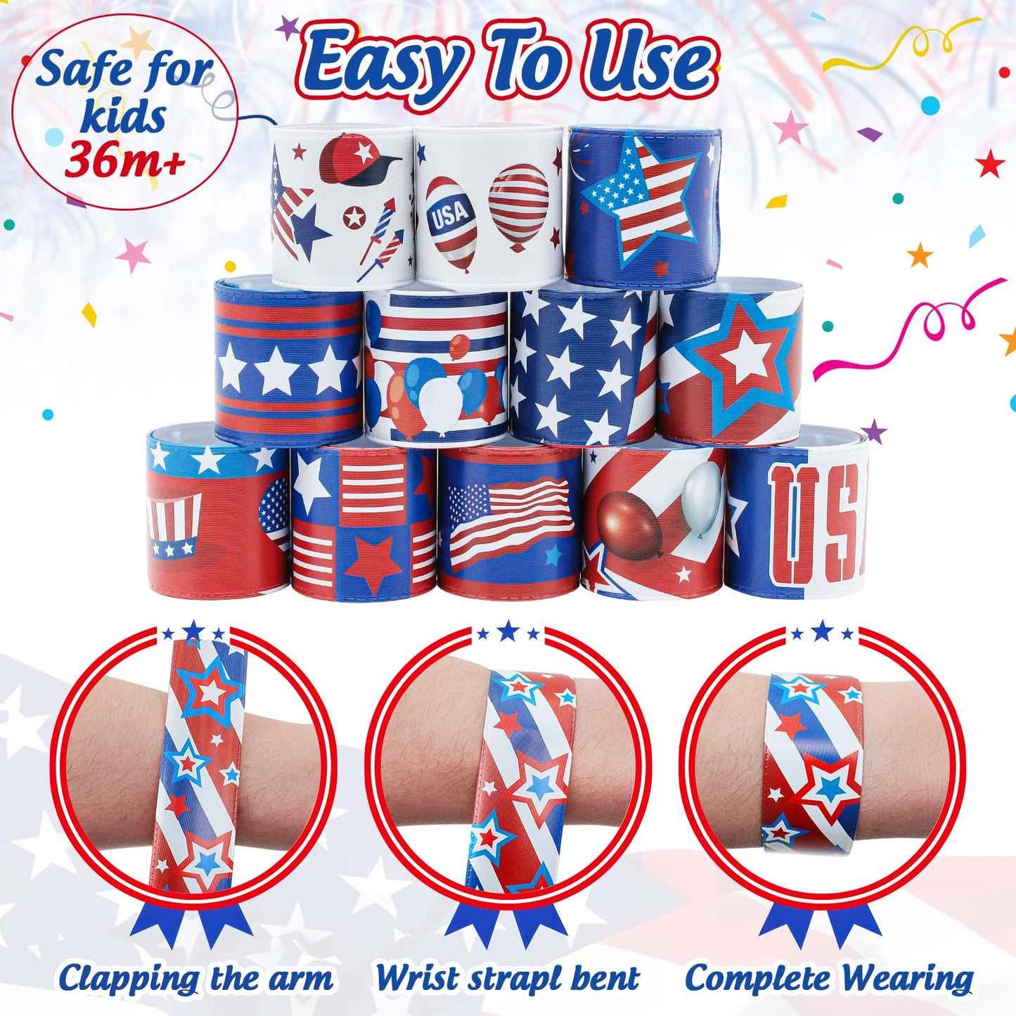 4th of July Party Favors Slap Bracelets for Kids 36PCS Red White and Blue American Flag Patriotic Snap Bracelet Bulk Independenc