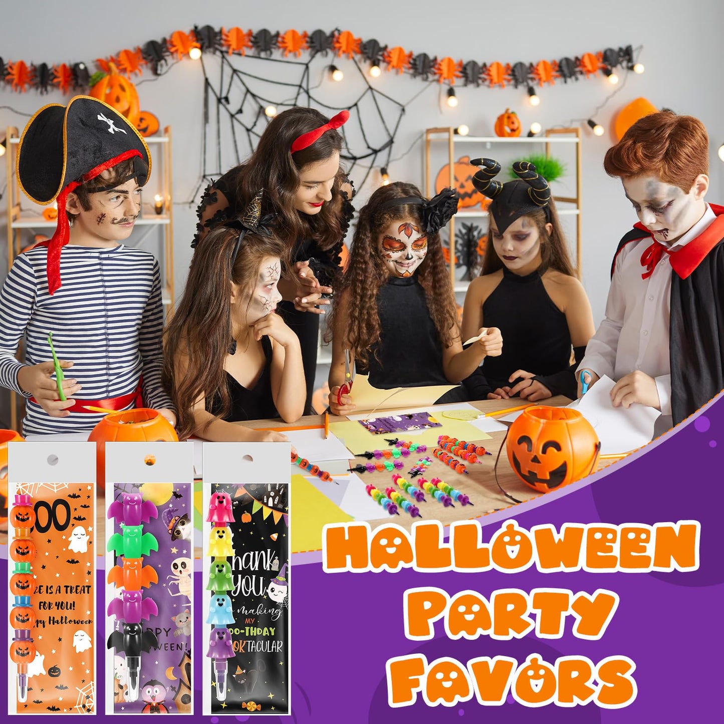 MotiMind 12 Set Halloween Crayons Party Favors Bat Pumpkin Ghost Stackable Crayons with Drawable Cards Kids Halloween Party Gift