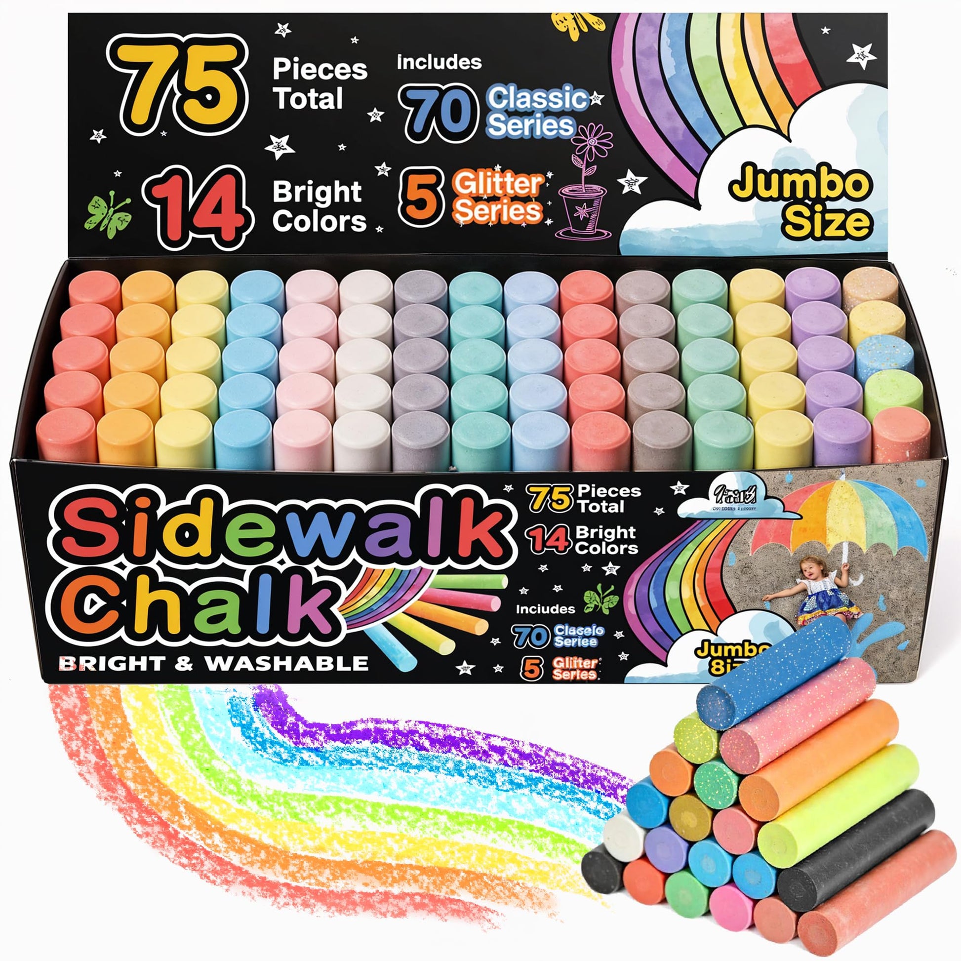 75 PCS Sidewalk Chalk for Kids - 14 Colors, 5 Glitter, Non-Toxic Washable Jumbo Chalks - Bulk Set of Outdoor Paint for Kids and 
