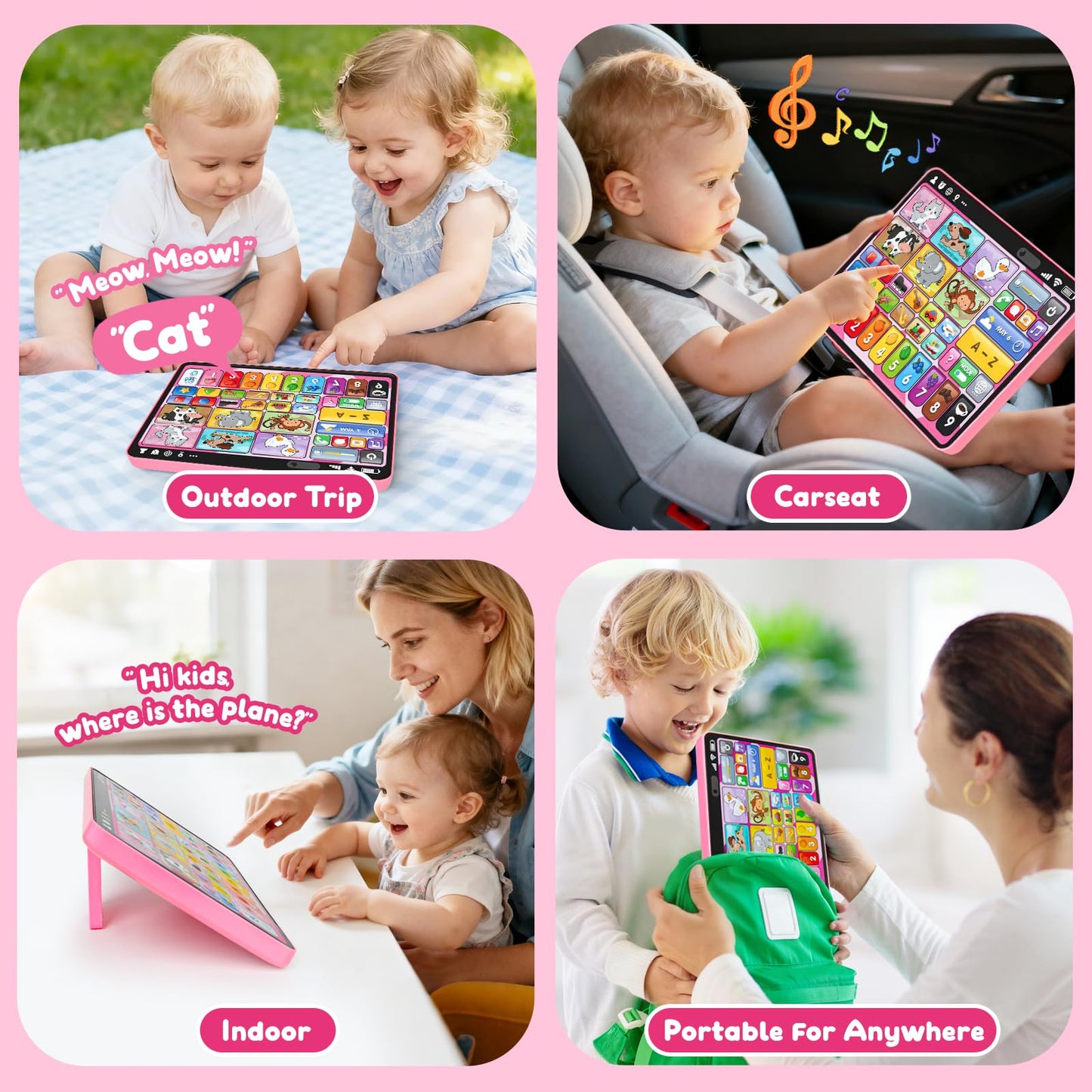 Peacurh Trilingual Learning Toy Tablet, Musical Plastic, Medium Size, Pink, Model 35847M, Montessori Speech Therapy Toy for Ages 1-3
