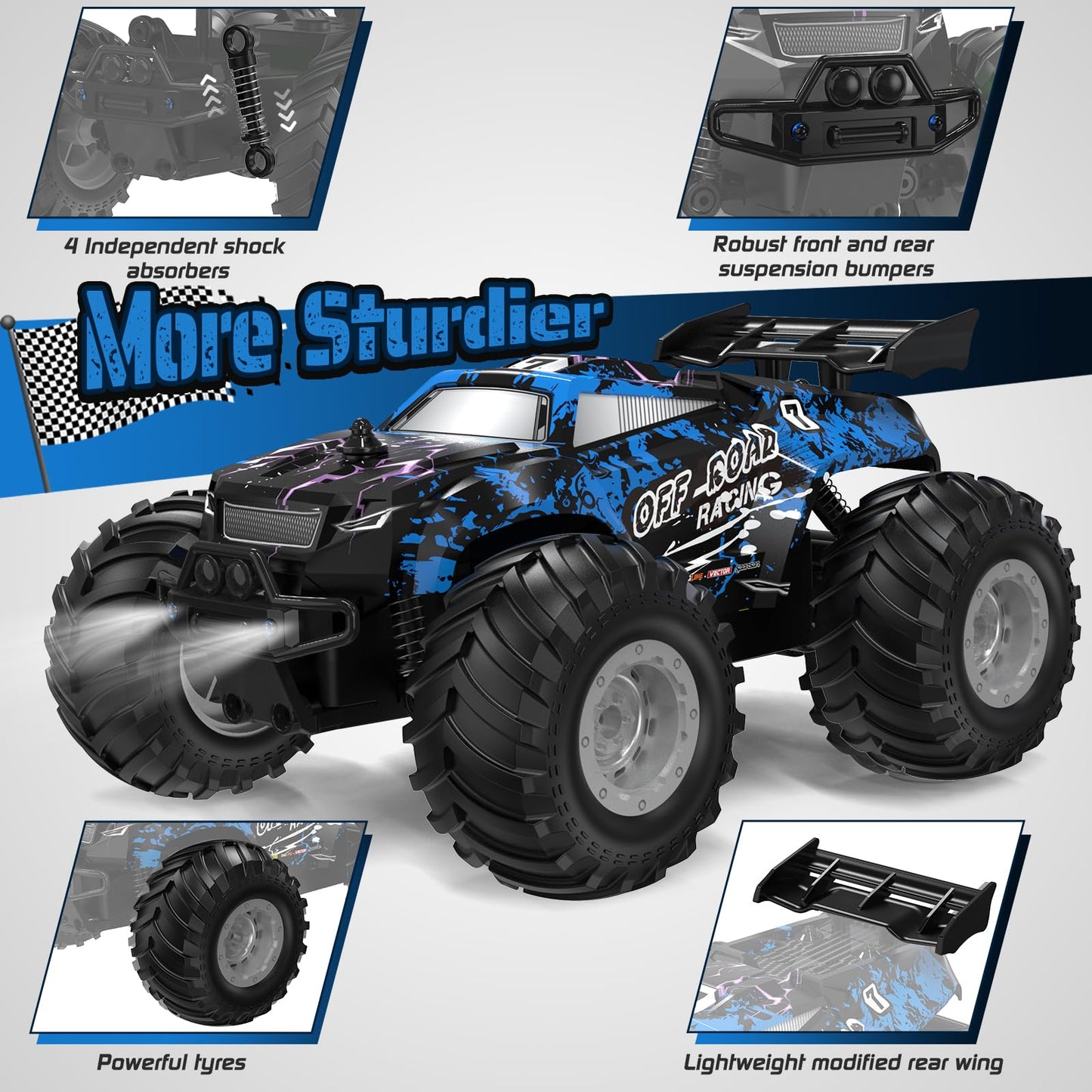 Hielse Remote Control Car, All-Terrain Remote Control Truck for Boys, Rechargeable Rc Truck with LED, 1:20, 10KM/H, 2 Motors, 2.