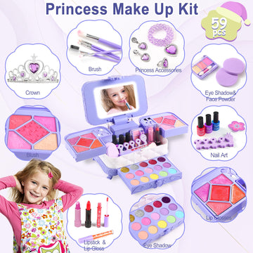 YasinKidz 59 in 1 Kids Makeup Kit, with 3-Color Led Makeup Mirror Real Washable Kid Makeup Set for Girls, Perfect Girl Birthday