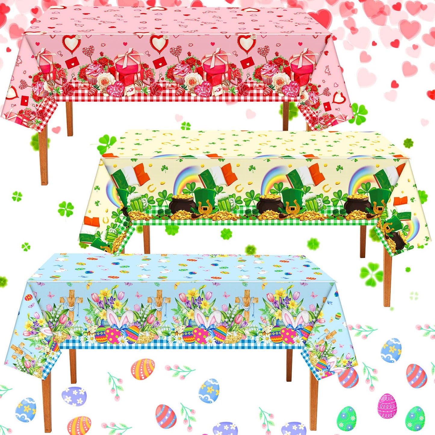 Oudain 3 Pcs St Patricks Day Tablecloth Plastic 54 X108 Inch Disposable Clover Table Cover Easter Egg Table Cloth Waterproof Ta