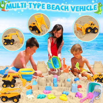 FHOZGECY Beach Toys, 35Pcs Sand Toys, Sandbox Toys with 3 Truck 3 Collapsible Beach Bucket, Sand Castle Toys Kit, Animal Dinosau