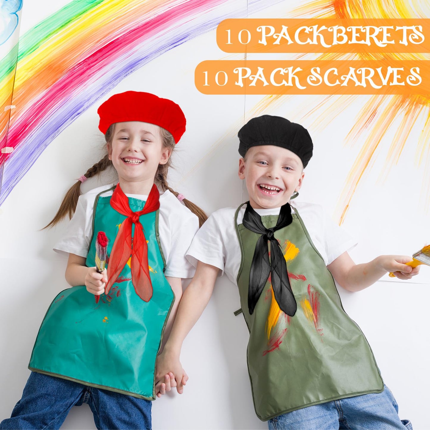 Laumoi 20 Pcs Halloween Party Berets for Kids French Beret Bulk Hat Artist Beanie with Color Neck Scarf for Cosplay Decorate(Bri